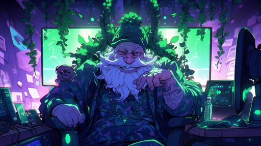 hirsute irish elderly overweight twitch streamer Carlito-Chan in his scary basement streaming, Leprechaun costume, highly detailed, dreamlike, vivid colors, high contrast --niji 5 --ar 16:9 --s 250