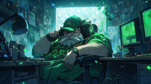 hirsute irish elderly overweight twitch streamer Carlito-Chan in his scary basement streaming, Leprechaun costume, highly detailed, dreamlike, vivid colors, high contrast --niji 5 --ar 16:9 --s 250