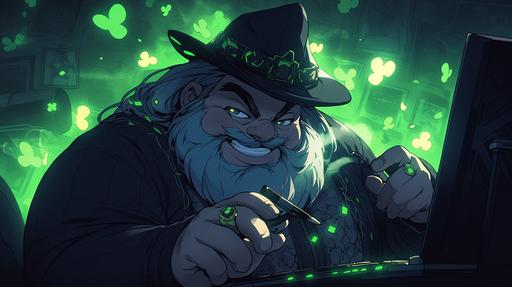 hirsute irish elderly overweight twitch streamer Carlito-Chan in his scary basement streaming, Leprechaun costume, highly detailed, dreamlike, vivid colors, high contrast --niji 5 --ar 16:9 --s 250