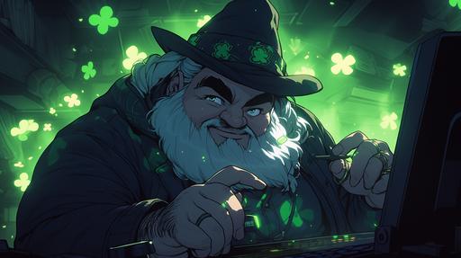 hirsute irish elderly overweight twitch streamer Carlito-Chan in his scary basement streaming, Leprechaun costume, highly detailed, dreamlike, vivid colors, high contrast --niji 5 --ar 16:9 --s 250