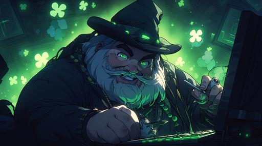 hirsute irish elderly overweight twitch streamer Carlito-Chan in his scary basement streaming, Leprechaun costume, highly detailed, dreamlike, vivid colors, high contrast --niji 5 --ar 16:9 --s 250