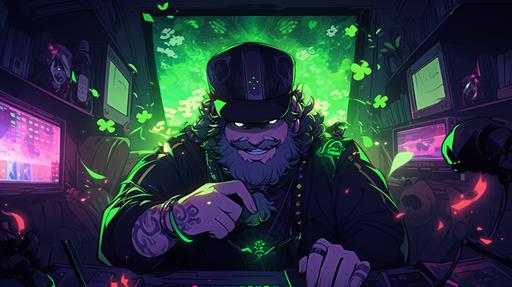 hirsute irish elderly overweight twitch streamer Carlito-Chan in his scary basement streaming, Leprechaun costume, highly detailed, dreamlike, vivid colors, high contrast --niji 5 --ar 16:9 --s 250