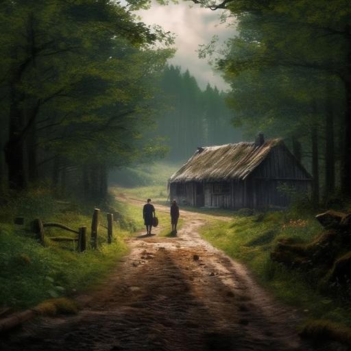 4k picture, dirt road, rain, forest, hut, a lover and lover, coat, HD