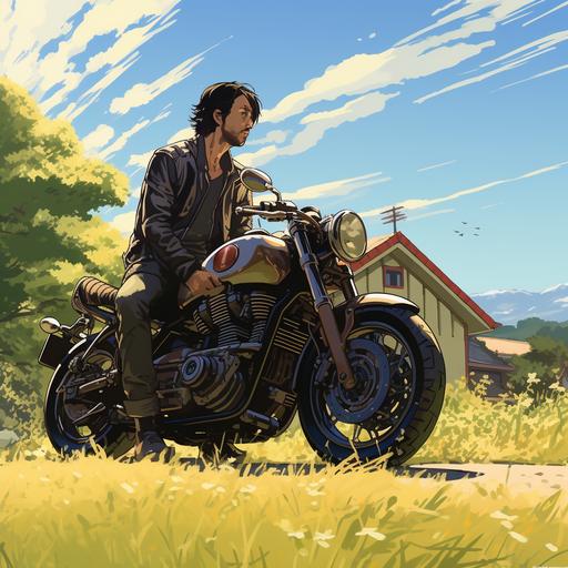 hispanic biker leaning against a cafe racer outside his house, by a pristine hill long green grass, anime style, sunny,