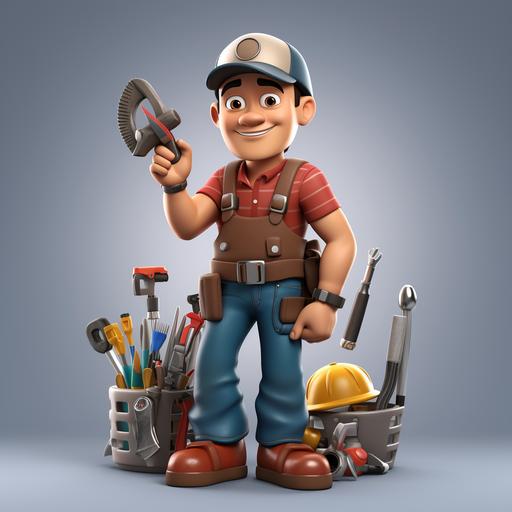 hispanic handyman, holding tools. wearing a cap, cartoon 3d pixar. minimal background. no background.