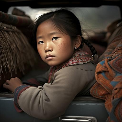 hmong girl in the back of a pickup truck, realistic photography