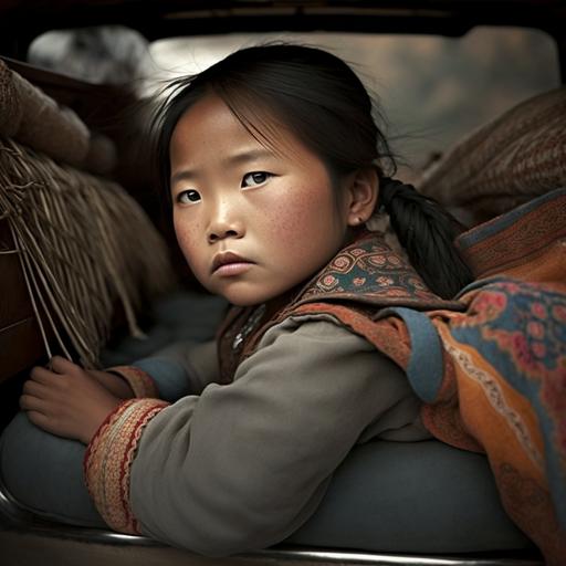 hmong girl in the back of a pickup truck, realistic photography