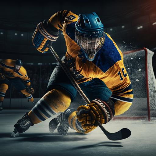 hockey player wearing yellow and blue jersey, yellow helmet scoring a goal. Unreal engine