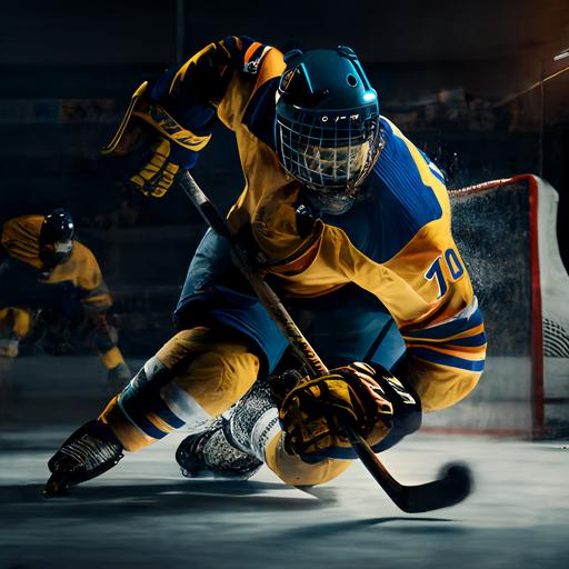 hockey player wearing yellow and blue jersey, yellow helmet scoring a goal. Unreal engine