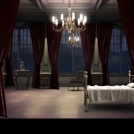 , , hogwarts infirmary, dark brown tones, red curtains