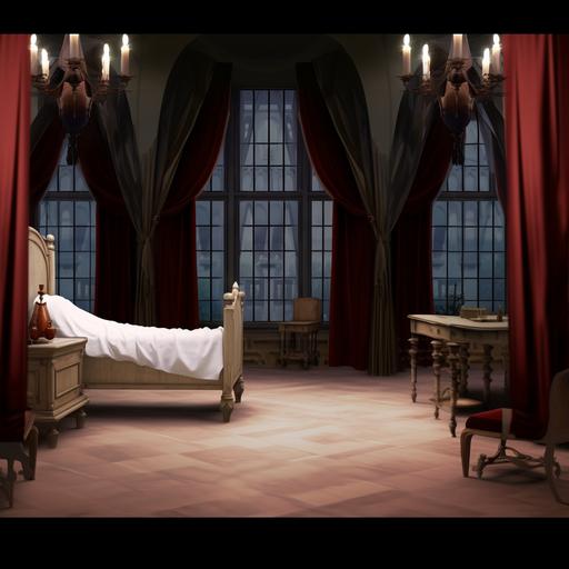 , , hogwarts infirmary, dark brown tones, red curtains