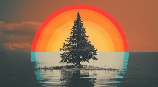 a flat cutout collage, duotone neon moon, 8-color neon rainbow, vintage christmas tree, in the style trillwave, photograpy, juxtaposition of grayscale and vibrant color --ar 128:71