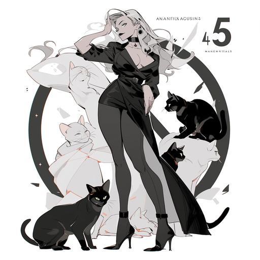 holding a cat, Quantum sorcerer, wizard, physicist, female scientist, physics, female, brown hair, snake print clothes, A dope and radically expressive full body image of Avril Lavigne, Hourglass figure, tiny waist::1 .5, thick, black and white vector art, logo --no chibi --niji 5 --style expressive --s 85