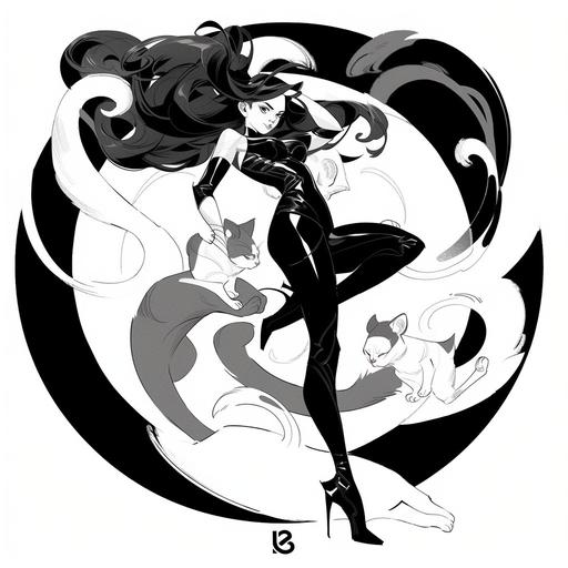 holding a cat, Quantum sorcerer, wizard, physicist, female scientist, physics, female, brown hair, snake print clothes, A dope and radically expressive full body image of Avril Lavigne, Hourglass figure, tiny waist::1 .5, thick, black and white vector art, logo --no chibi --niji 5 --style expressive --s 85