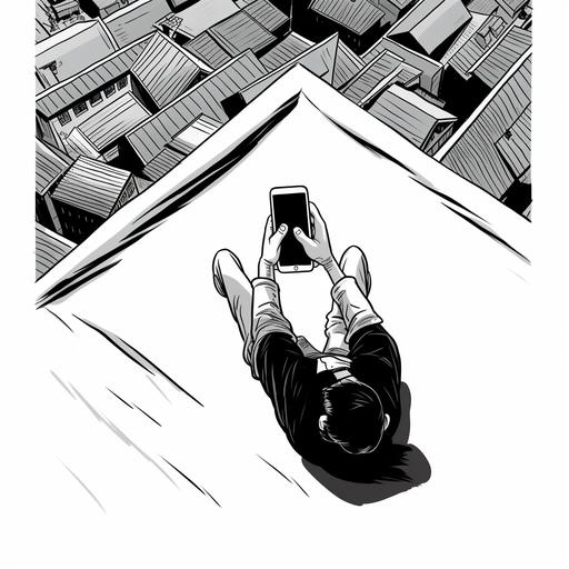 holding a phone, cartoon, comical, top view, zoom in, black and white, long shot, comic book illustration by Hergé