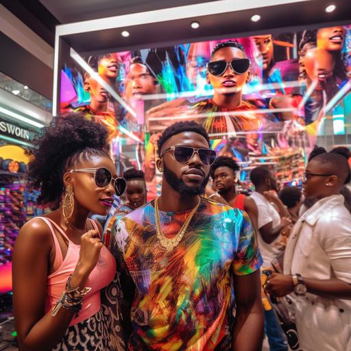 holographic afrobeats artistes male and female at a crowded mall in lagos nigeria