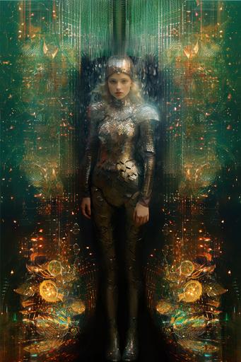 holographic image, pointillism, fractal, female subject, fantasy armor, iridescent, polaroid, aged, scuffed