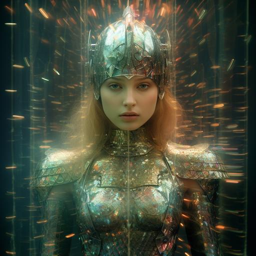 holographic image, pointillism, fractal, female subject, fantasy armor, iridescent, polaroid, aged, scuffed