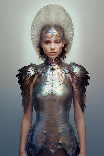 holographic image, pointillism, fractal, female subject, fantasy armor, iridescent, polaroid, aged, scuffed