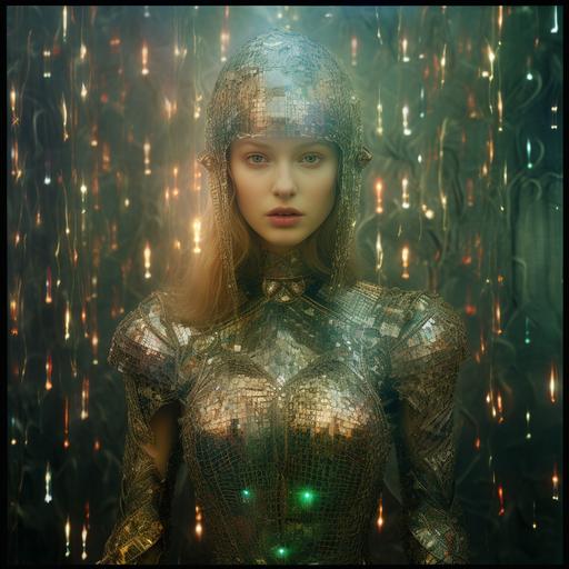 holographic image, pointillism, fractal, female subject, fantasy armor, iridescent, polaroid, aged, scuffed