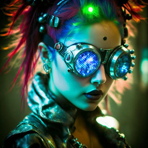 holographic, rave girl, cyber goth, dance party, realistic, 50mm lens --v 4 --q 2