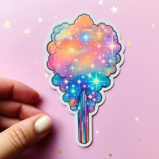holographic sticker, neutral rainbow, stars floating, celestial wand, whimsical