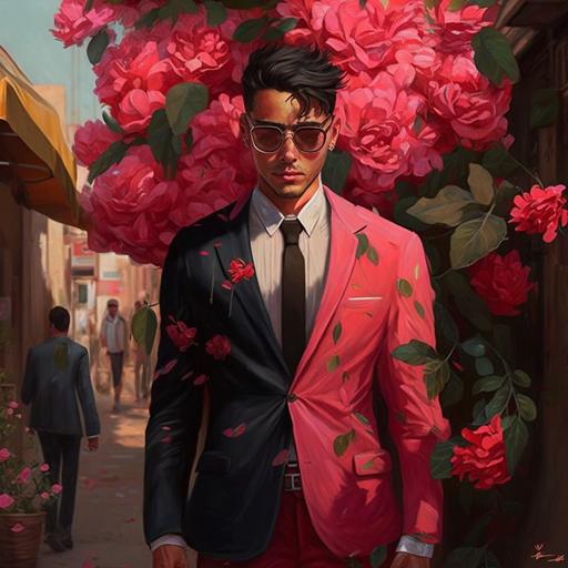 hombre, alto, tes clara, pecas, pelirrojo, cabello cihno, traje rosa, zapatos cafes claro, ciudad egipto, cuerpo completo, lentes, ramo de flores en las manos