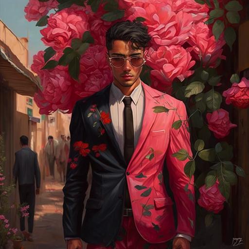 hombre, alto, tes clara, pecas, pelirrojo, cabello cihno, traje rosa, zapatos cafes claro, ciudad egipto, cuerpo completo, lentes, ramo de flores en las manos