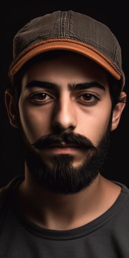 hombre arabe ojeras barba corta con bigote y gorra y aretes portrait --ar 1:2 --s 750 --v 5