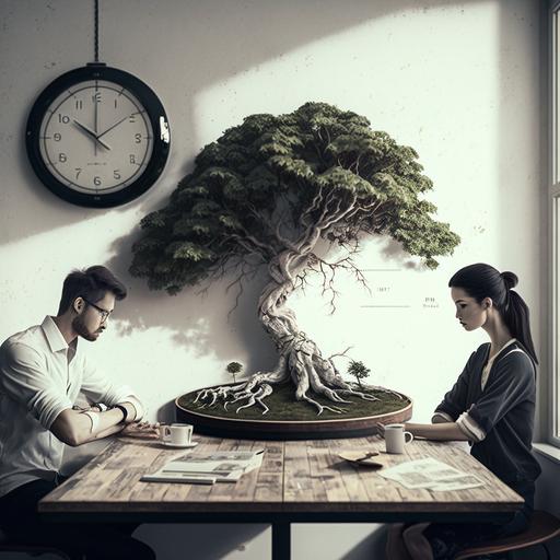 hombre y mujer felices en una oficina con bonsai y un reloj de pared 8k realista