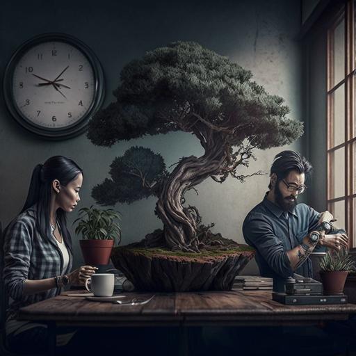 hombre y mujer felices en una oficina con un bonsai y un reloj de pared 8k realista