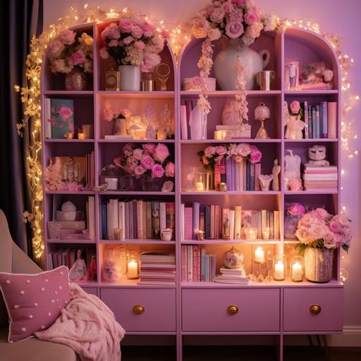 home library at night with pale pink bookshelves with gold handles, flowers, valentine candy and purple pink and yellow books, white fairy lights