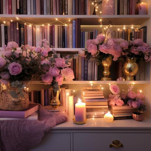 home library at night with pale pink bookshelves with gold handles, flowers, valentine candy and purple pink and yellow books, white fairy lights