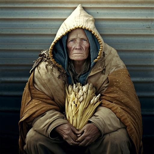 homeless beggar woman in corn costume