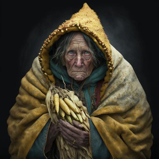 homeless beggar woman in corn costume