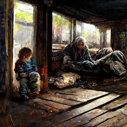 homeless dirty mom and little son under deck,realistic ,hd