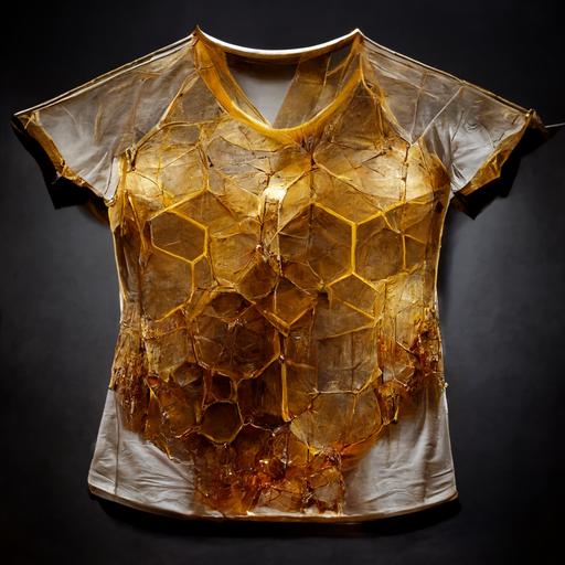 honey dripping, honey covered, sticky, honeycomb hexagonal, golden, latex, resin, silk and mesh t-shirt, organic materiality, manipulated materials, expensive --q 2