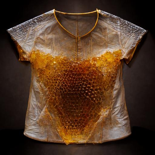 honey dripping, honey covered, sticky, honeycomb hexagonal, golden, latex, resin, silk and mesh t-shirt, organic materiality, manipulated materials, expensive  --q 2