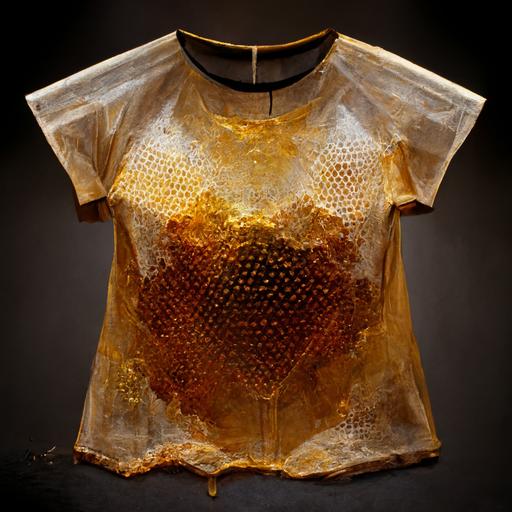 honey dripping, honey covered, sticky, honeycomb hexagonal, golden, latex, resin, silk and mesh t-shirt, organic materiality, manipulated materials, expensive --q 2