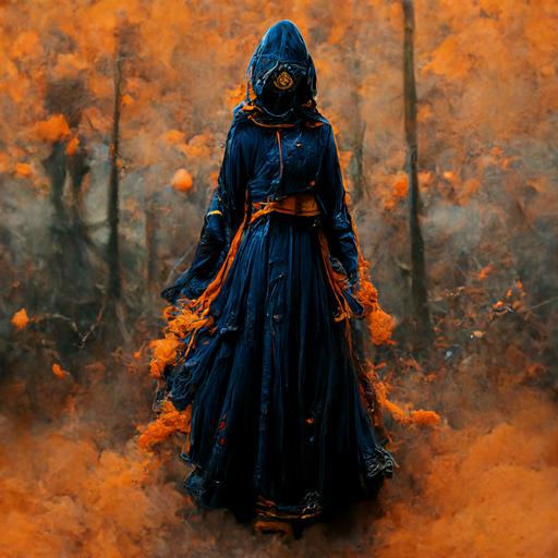 hooded female mage in intricate steaming blue and orange dress, burning forest background, epic, hyper realistic, octane render, cinematic, 4k