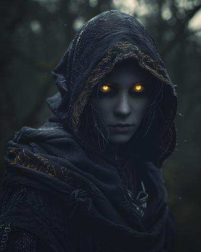 hooded figure, dark warrior, pale skin, black eyes with glowing yellow irises, full body portrait, fantasy themed, night background --ar 4:5