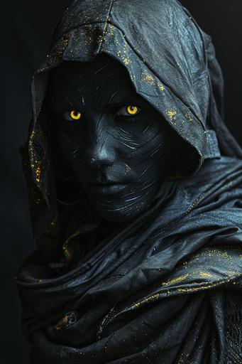 hooded figure, dark warrior, pale skin, black eyes with glowing yellow irises, full body portrait, fantasy themed, night background --ar 2:3