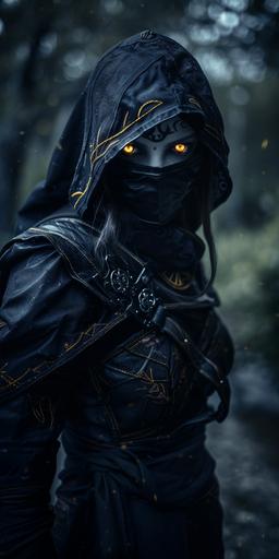hooded figure, dark warrior, pale skin, black eyes with glowing yellow irises, full body portrait, fantasy themed, night background --ar 1:2