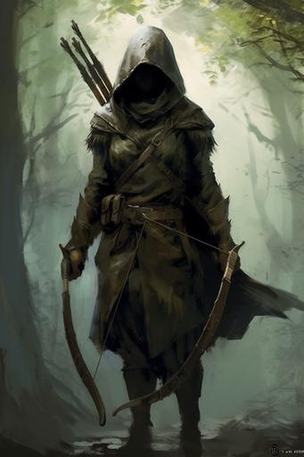 hooded hunter with bow, fantasy, in the style of pathfinder art --ar 2:3 --v 5.1