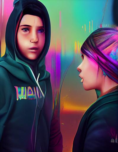 hoodie latin kid and tomboy latin girl talking to each other, metalic iridescent effect, glitchpunk, ultra detailed, 8k --ar 3:4 --upbeta