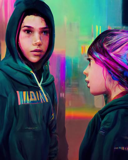 hoodie latin kid and tomboy latin girl talking to each other, metalic iridescent effect, glitchpunk, ultra detailed, 8k --ar 3:4