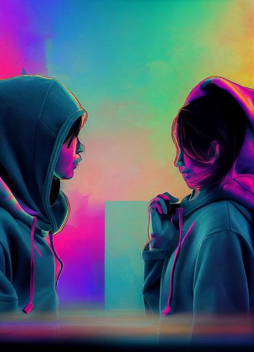 hoodie latin kid and tomboy latin girl talking to each other, metalic iridescent effect, glitchpunk, ultra detailed, 8k --ar 3:4 --test --creative --upbeta