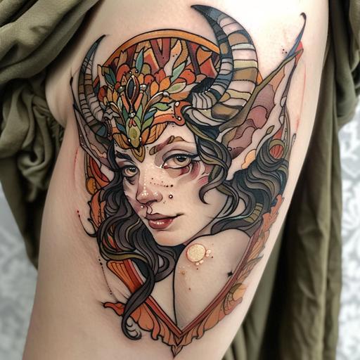 horned devil girl, portrait tattoo by Alphonso mucha --v 6.0