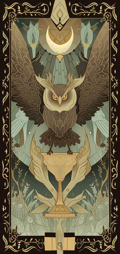 horned owl tarot card with a gold filigree border --ar 9:19 --sref    --style raw --sw 10 --s 10 --niji 6