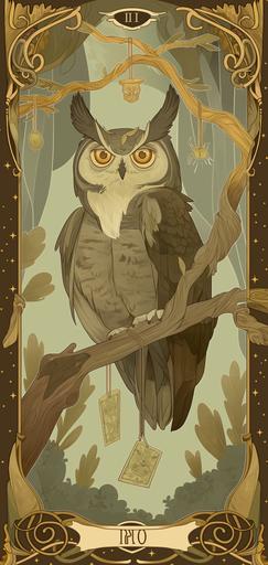 horned owl tarot card with a gold filigree border --ar 9:19 --sref    --style raw --sw 10 --s 10 --niji 6